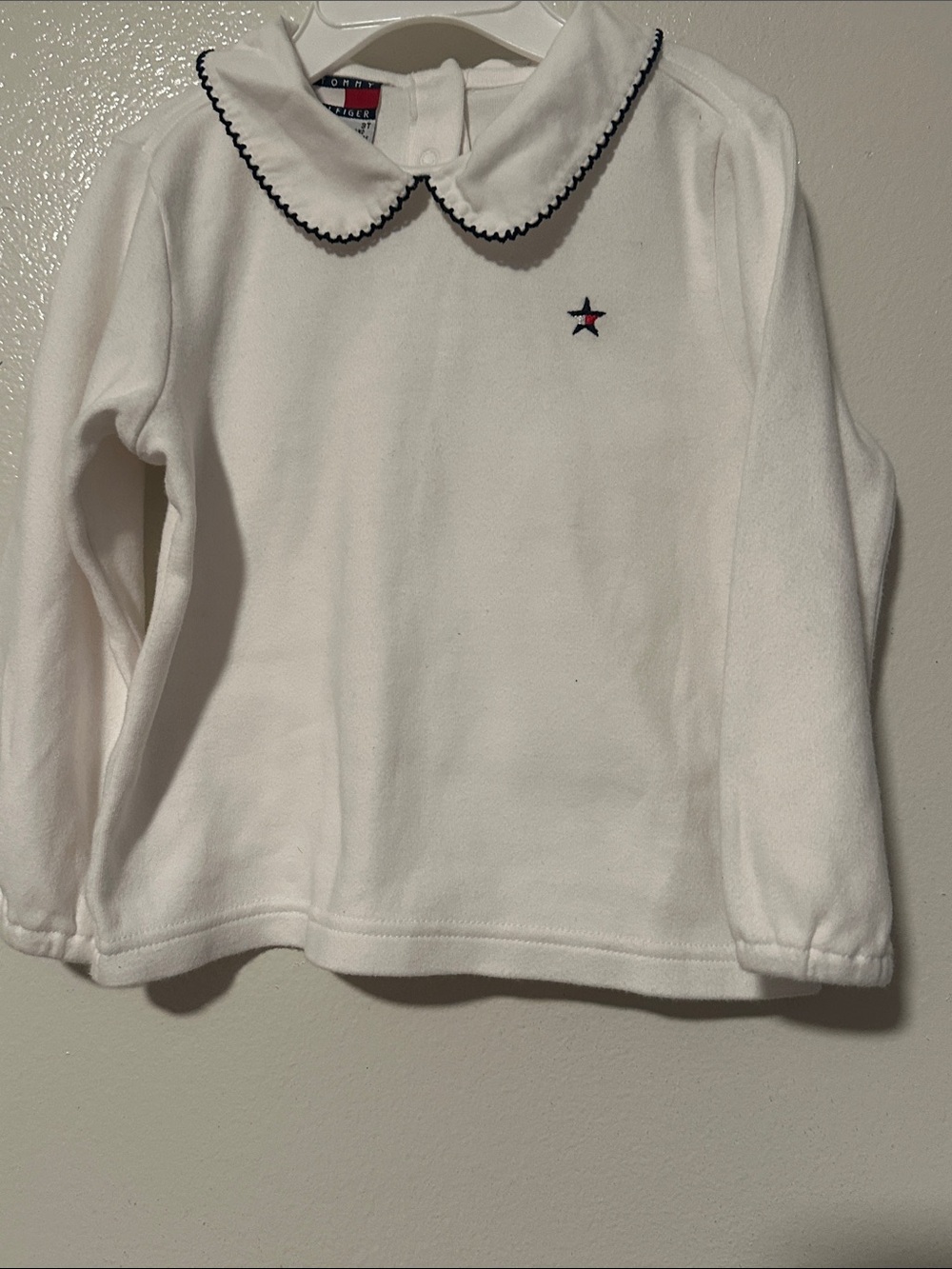Tommy Hilfiger White Long-Sleeve Polo Top with Navy Trim and Star
